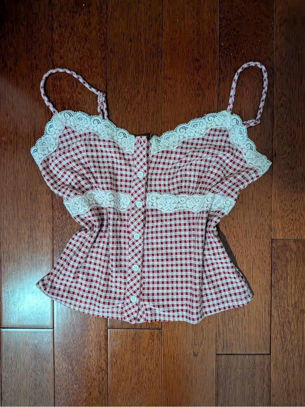 Kirious Red Gingham Lace Button Cami Top Size L